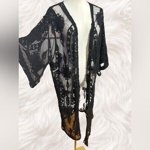 Black Lace Kimono Duster Sheer Floral Gothic Witchy Boho Long Open Front